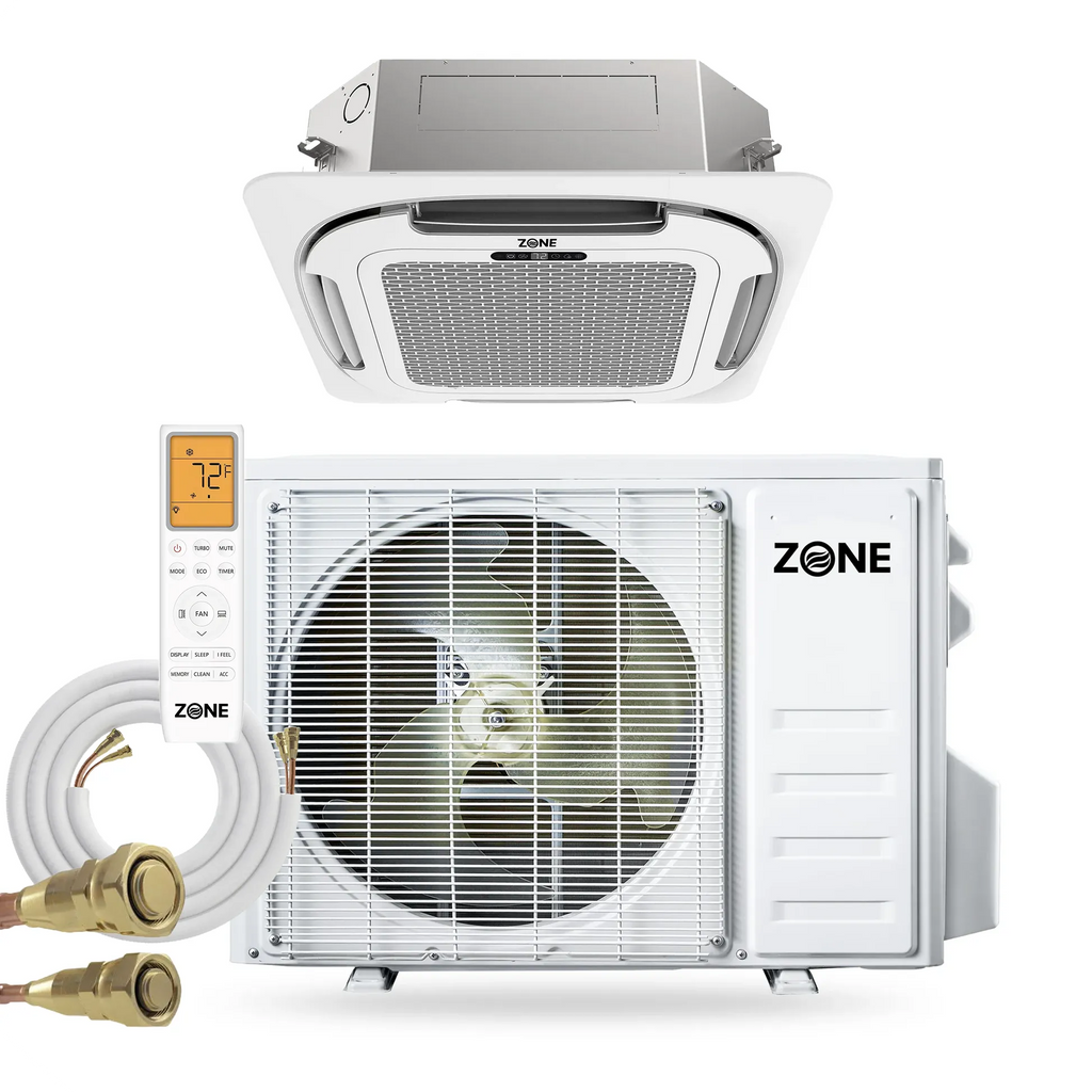 Zone Air® Airframe 12,000 BTU 21 SEER2 230V Ceiling Cassette Mini-Split Heat Pump AC with Pre-Charged Lineset - Up to 600 Sq Ft