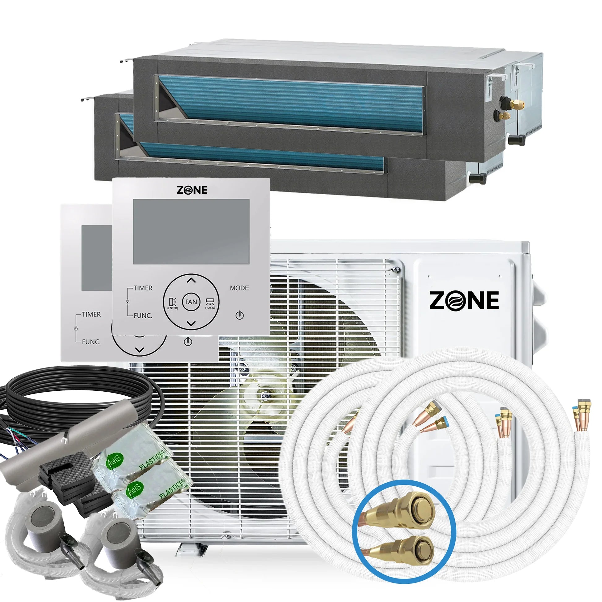 Zone Air® Thin-Air DUAL ZONE 19,000 BTU (9.5K+9.5K) 19 SEER2 230V Concealed Mini-Split Heat Pump System - Up to 950 Sq Ft