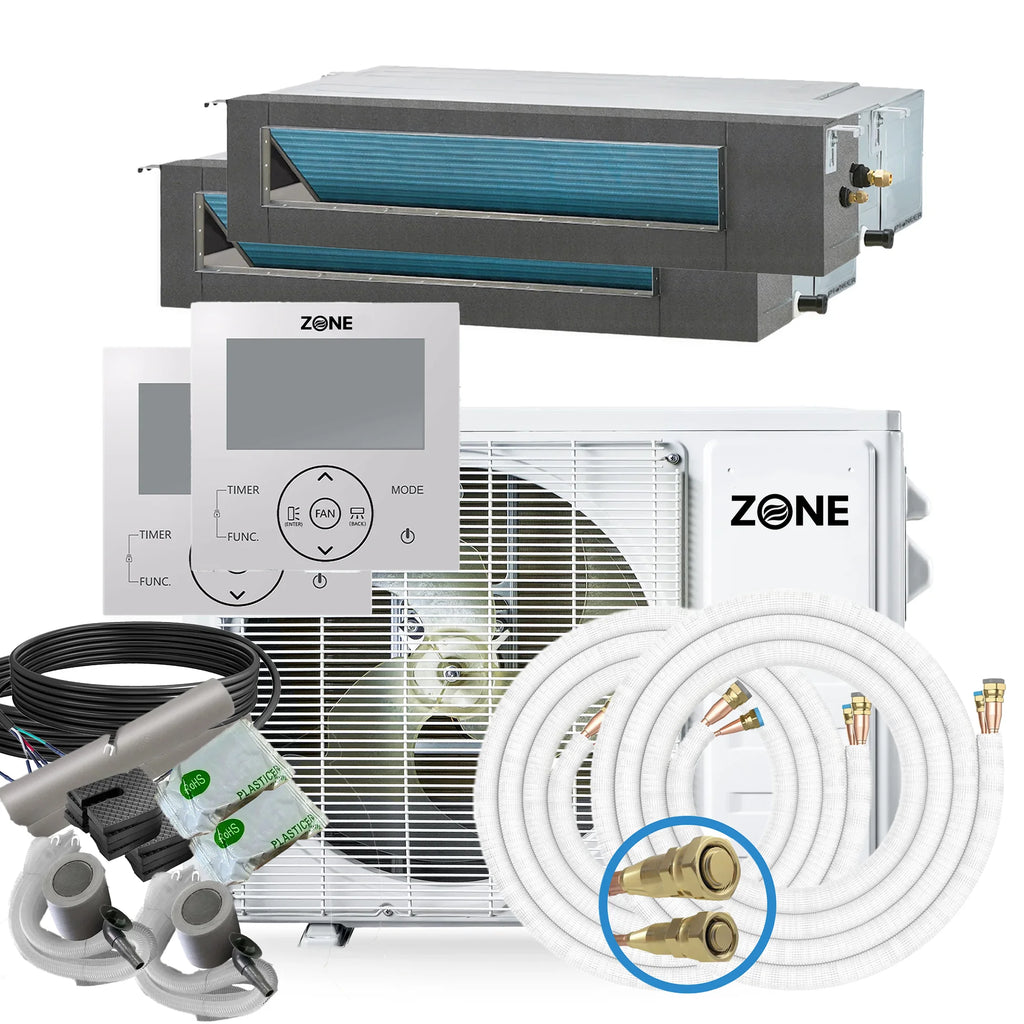 Zone Air® Thin-Air DUAL ZONE 20,500 BTU (11K+9.5K) 19 SEER2 230V Concealed Mini-Split Heat Pump System - Up to 1,025 Sq Ft