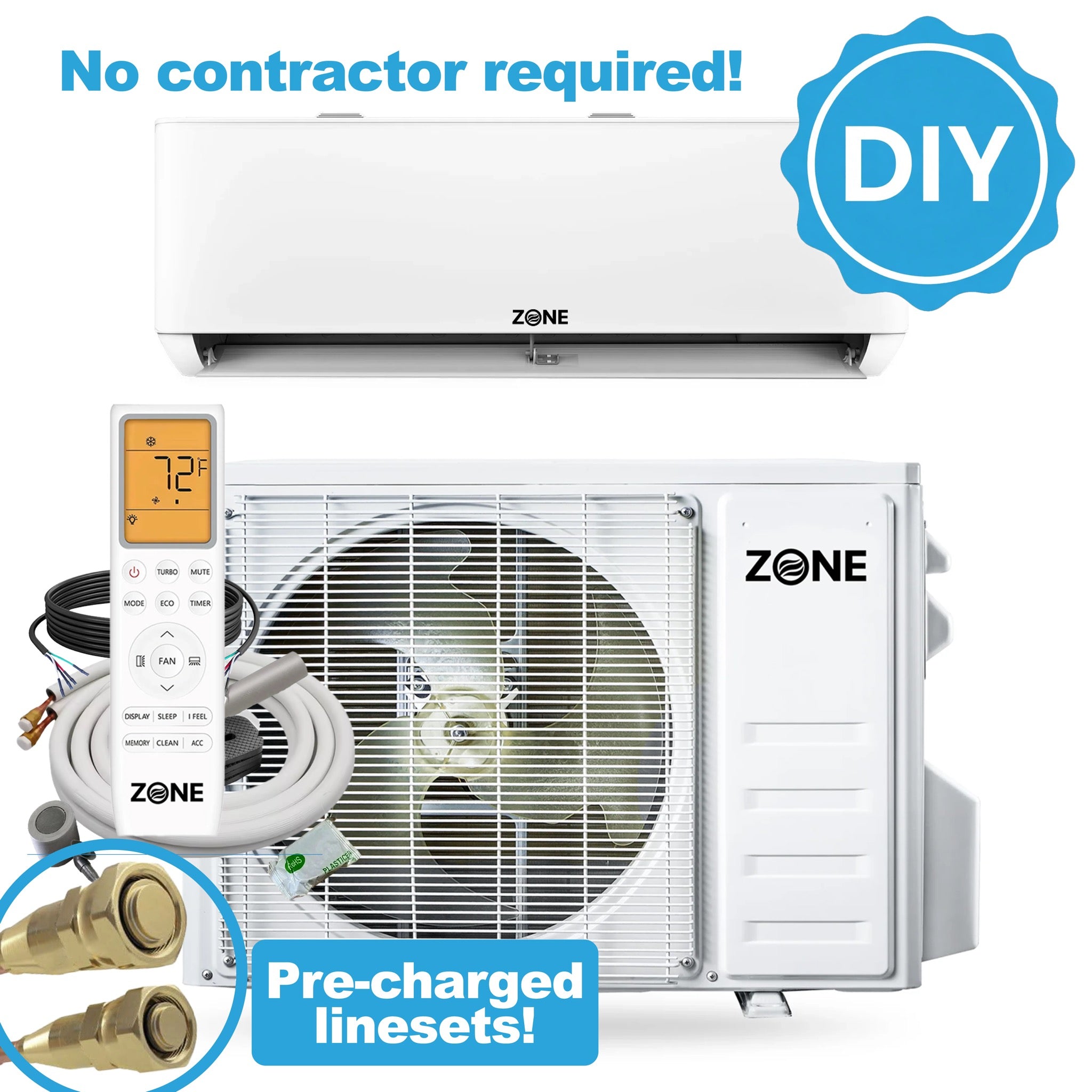 Zone Air® DIY 12,000 BTU 23 SEER2 115V Wall Mount Ductless Mini-Split Heat Pump AC and Heater with Pre-Charged Lineset - Up to 600 Sq Ft